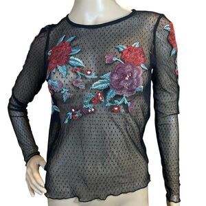 Charlotte Russe Black Mesh Pink Floral Appliqué Bodysuit SZ Medium Fairy Flirty